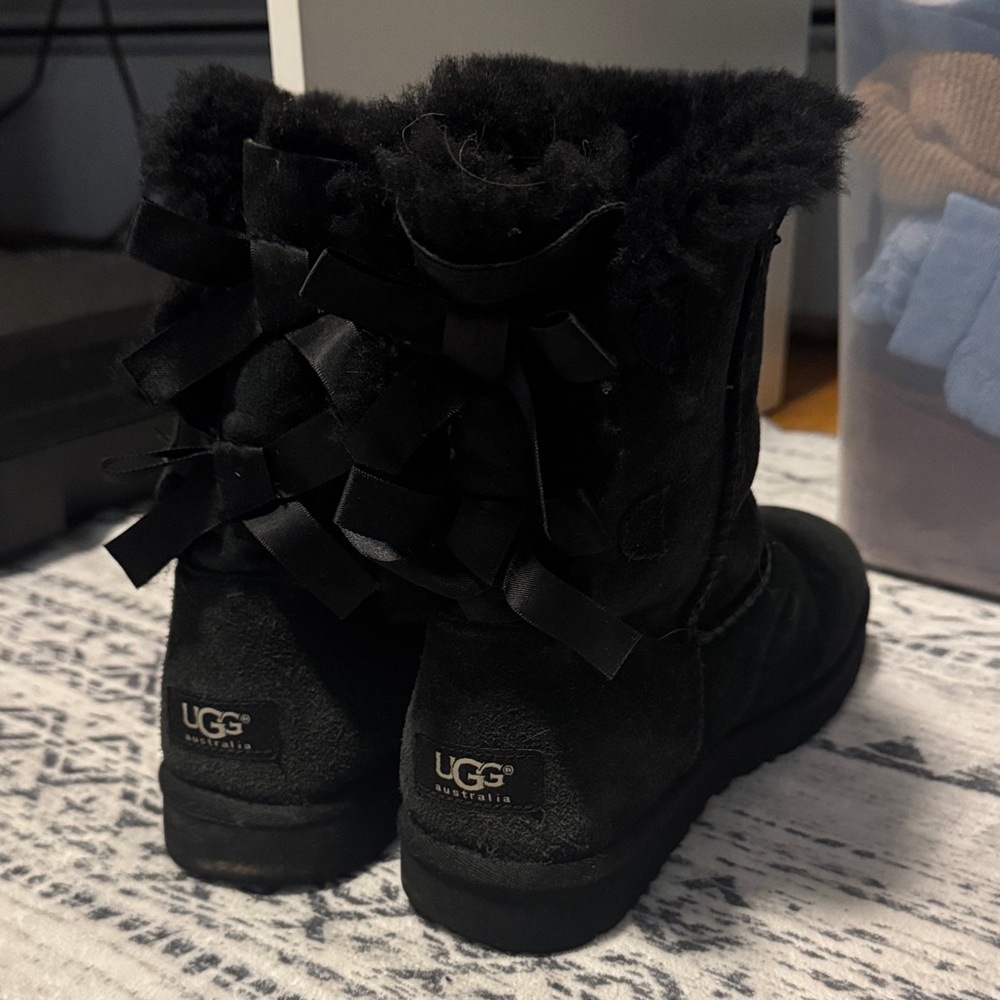 UGG Black Boots with Ribbon Accents